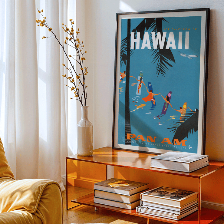 Colorful travel poster Jet Clipper to Hawaii by Pan Am Airlines featuring palm trees and surfers Poster of Jet Clipper to Hawaii by Pan Am Airlines featuring dancers on surfboards and airplane flying above palm leaves.