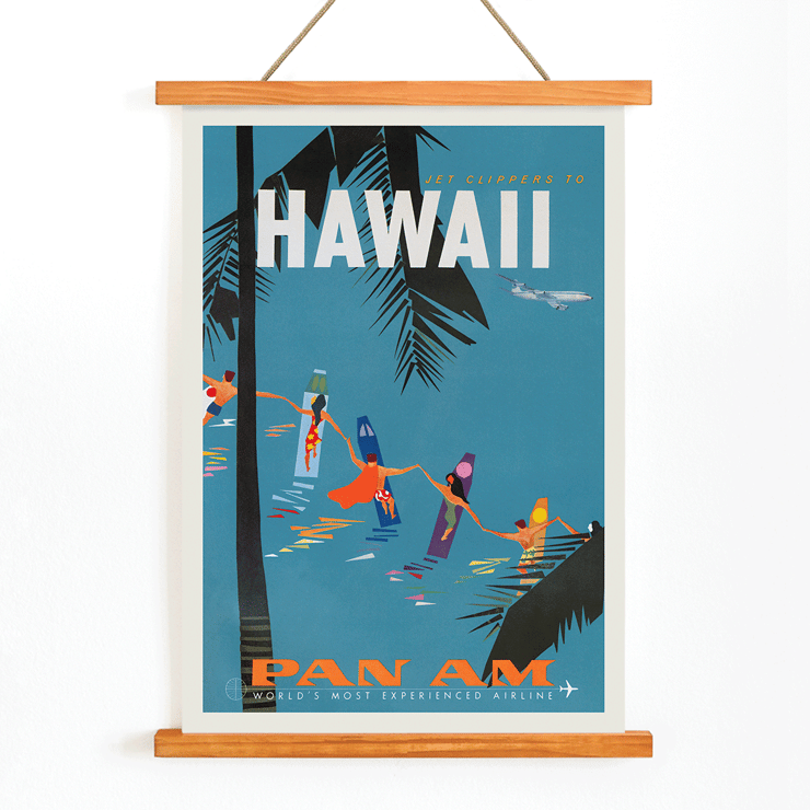 Colorful travel poster Jet Clipper to Hawaii by Pan Am Airlines featuring palm trees and surfers Poster of Jet Clipper to Hawaii by Pan Am Airlines featuring dancers on surfboards and airplane flying above palm leaves.