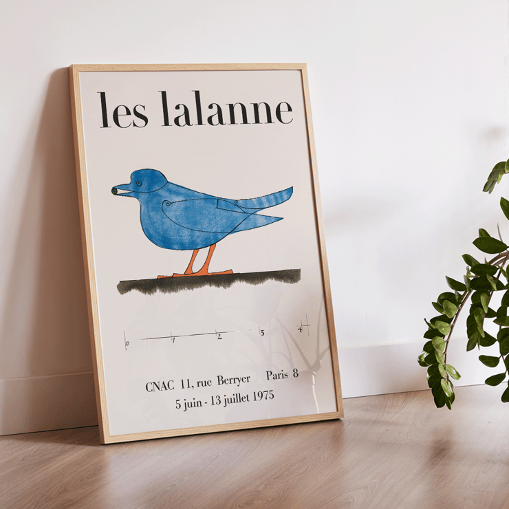 Exhibition poster featuring a blue bird by François-Xavier Lalanne for Les Lalanne Exhibition Les Lalanne Exhibition Poster by François-Xavier Lalanne featuring a stylized blue bird with orange legs on beige background