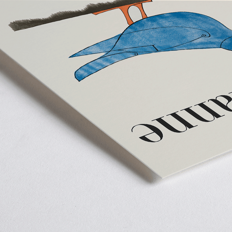 Exhibition poster featuring a blue bird by François-Xavier Lalanne for Les Lalanne Exhibition Les Lalanne Exhibition Poster by François-Xavier Lalanne featuring a stylized blue bird with orange legs on beige background