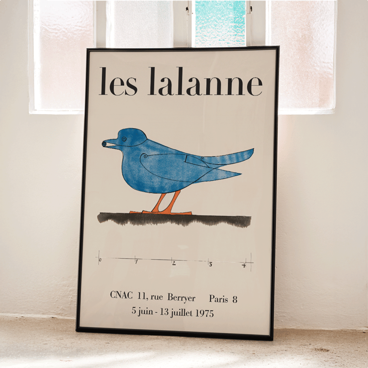 Exhibition poster featuring a blue bird by François-Xavier Lalanne for Les Lalanne Exhibition Les Lalanne Exhibition Poster by François-Xavier Lalanne featuring a stylized blue bird with orange legs on beige background