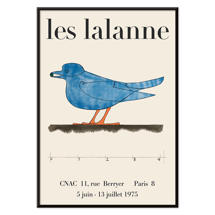Exhibition poster featuring a blue bird by François-Xavier Lalanne for Les Lalanne Exhibition Les Lalanne Exhibition Poster by François-Xavier Lalanne featuring a stylized blue bird with orange legs on beige background