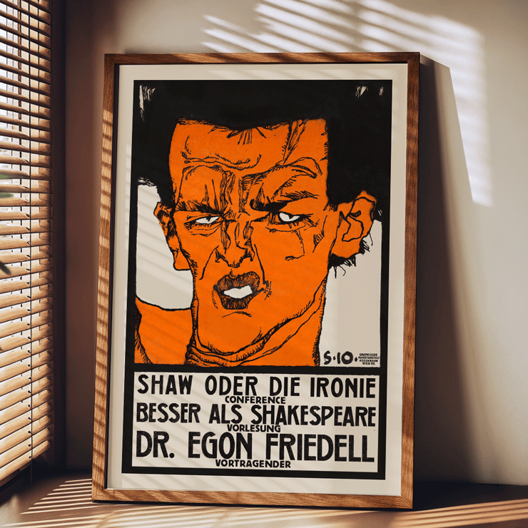 Colorful expressionist portrait poster by Egon Schiele titled Shaw or Irony Lecture by Egon Friedell. Poster titled Shaw or Irony Lecture by Egon Friedell by Egon Schiele depicting an abstract portrait with bold colors and text.