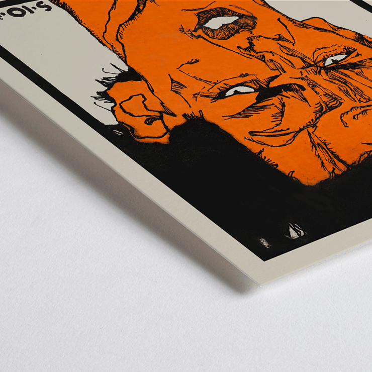 Colorful expressionist portrait poster by Egon Schiele titled Shaw or Irony Lecture by Egon Friedell. Poster titled Shaw or Irony Lecture by Egon Friedell by Egon Schiele depicting an abstract portrait with bold colors and text.