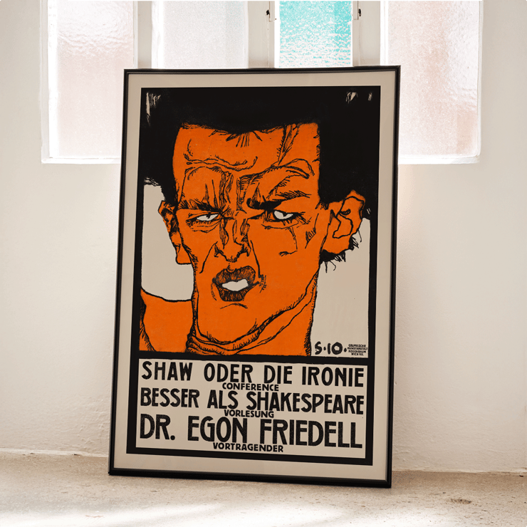 Colorful expressionist portrait poster by Egon Schiele titled Shaw or Irony Lecture by Egon Friedell. Poster titled Shaw or Irony Lecture by Egon Friedell by Egon Schiele depicting an abstract portrait with bold colors and text.