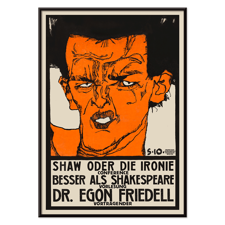 Colorful expressionist portrait poster by Egon Schiele titled Shaw or Irony Lecture by Egon Friedell. Poster titled Shaw or Irony Lecture by Egon Friedell by Egon Schiele depicting an abstract portrait with bold colors and text.