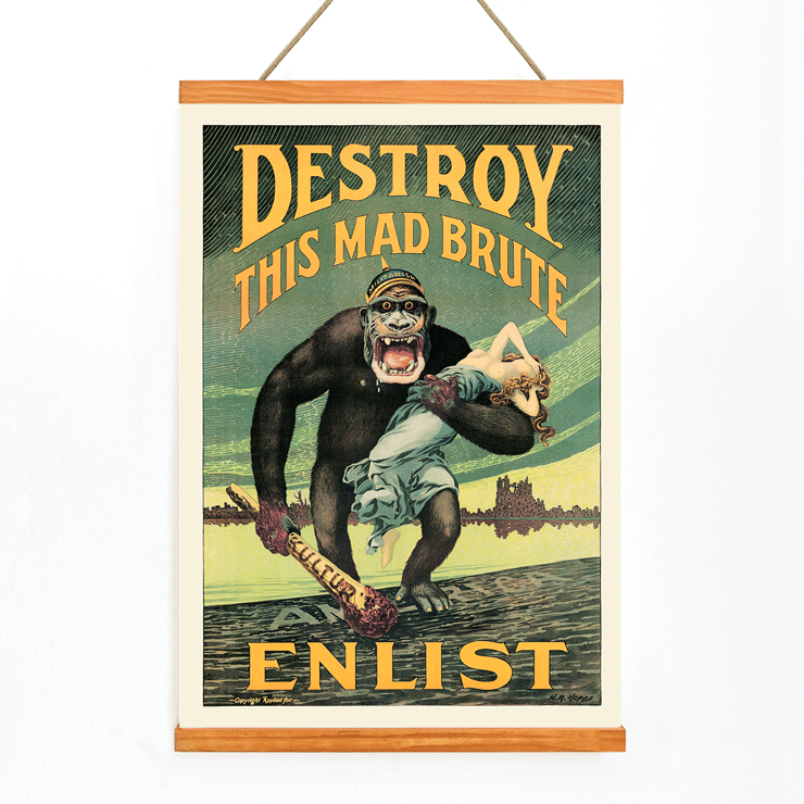 Destroy this mad brute by Harry Ryle Hopps depicts a gorilla holding a woman with enlistment message. Poster showing an ape with a captive woman and a club labeled Kultur in Destroy this mad brute by Harry Ryle Hopps.