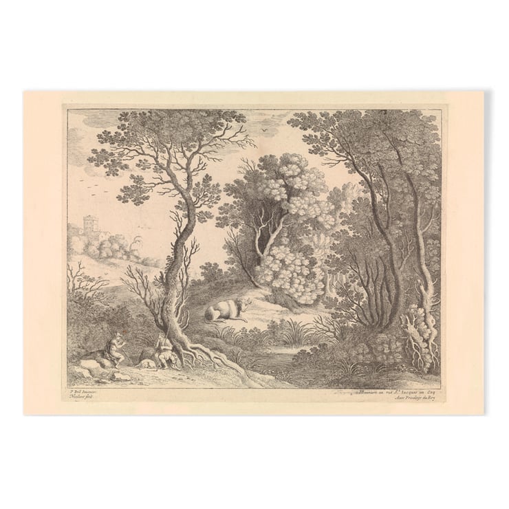 Mercury plays his flute by Willem van Nieulandt depicting pastoral woodland scene Poster of Mercury plays his flute by Willem van Nieulandt showing Mercury with animals in a forested landscape.