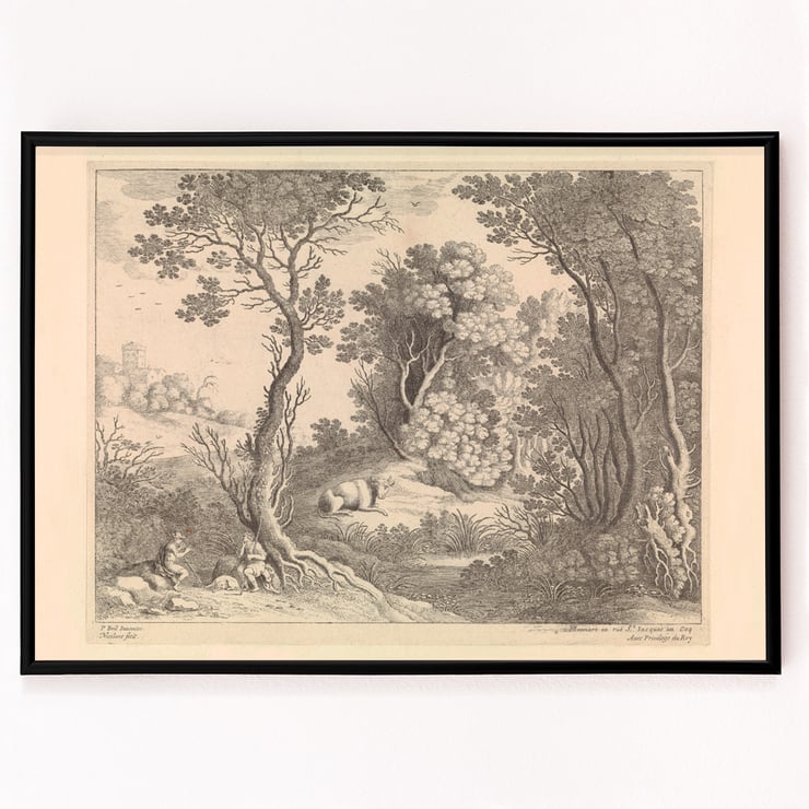 Mercury plays his flute by Willem van Nieulandt depicting pastoral woodland scene Poster of Mercury plays his flute by Willem van Nieulandt showing Mercury with animals in a forested landscape.
