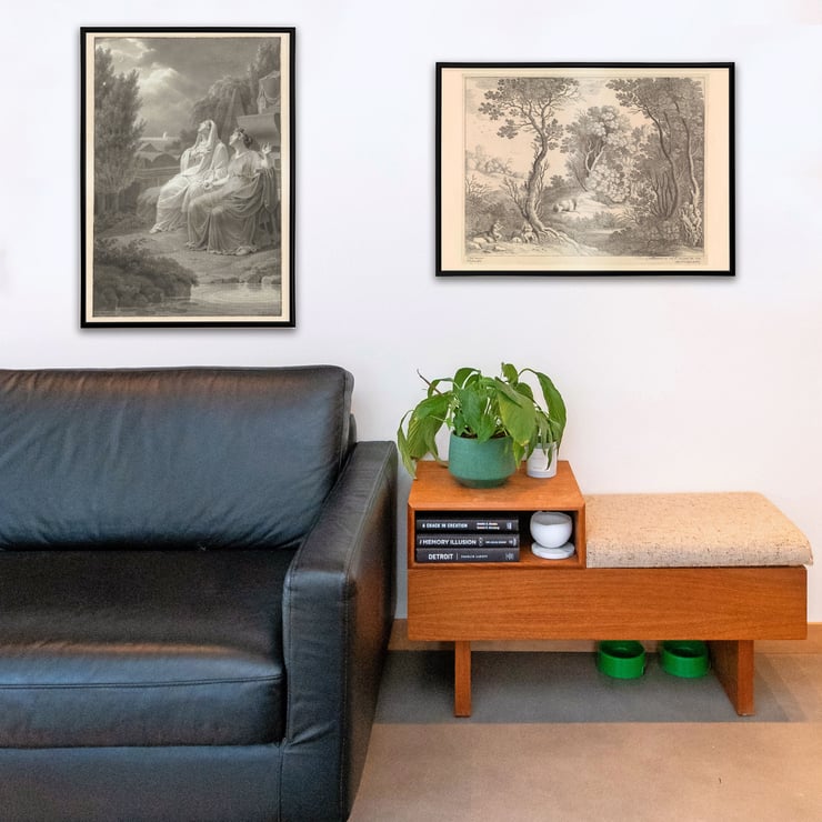 Mercury plays his flute by Willem van Nieulandt depicting pastoral woodland scene Poster of Mercury plays his flute by Willem van Nieulandt showing Mercury with animals in a forested landscape.