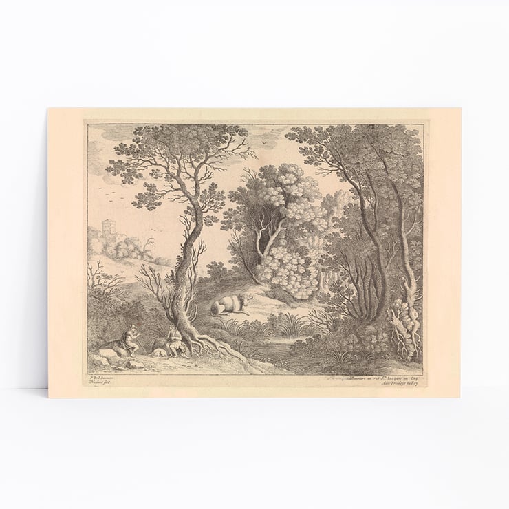 Mercury plays his flute by Willem van Nieulandt depicting pastoral woodland scene Poster of Mercury plays his flute by Willem van Nieulandt showing Mercury with animals in a forested landscape.