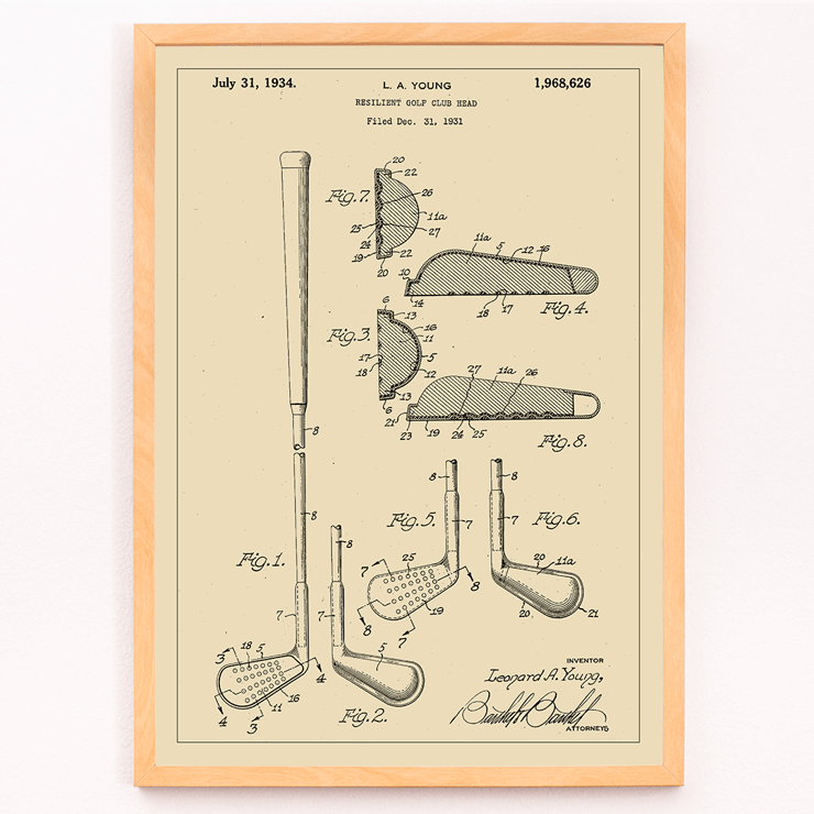 L A Young Resilient Golf Club Head Patent Illustration and Design Drawings Poster showing the design and technical specifications of the Resilient Golf Club Head Patent by L.A. Young