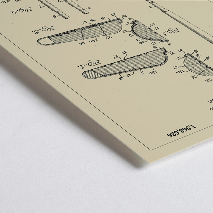 L A Young Resilient Golf Club Head Patent Illustration and Design Drawings Poster showing the design and technical specifications of the Resilient Golf Club Head Patent by L.A. Young