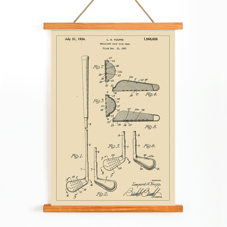 L A Young Resilient Golf Club Head Patent Illustration and Design Drawings Poster showing the design and technical specifications of the Resilient Golf Club Head Patent by L.A. Young
