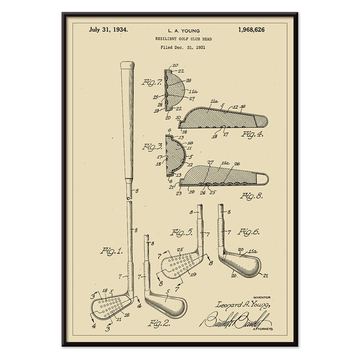 L A Young Resilient Golf Club Head Patent Illustration and Design Drawings Poster showing the design and technical specifications of the Resilient Golf Club Head Patent by L.A. Young