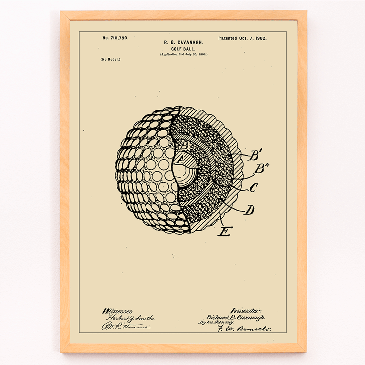 Detailed sketch of golf ball interior structure by R.B. Cavanagh titled Golf Ball Patent Poster featuring a detailed technical drawing of a golf ball patent by R B Cavanagh with labeled internal structure and design elements.