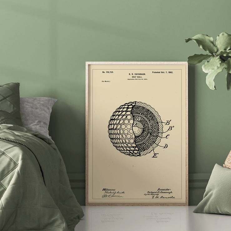 Detailed sketch of golf ball interior structure by R.B. Cavanagh titled Golf Ball Patent Poster featuring a detailed technical drawing of a golf ball patent by R B Cavanagh with labeled internal structure and design elements.