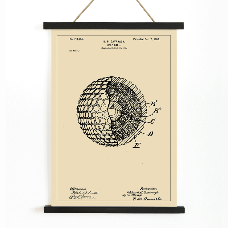 Detailed sketch of golf ball interior structure by R.B. Cavanagh titled Golf Ball Patent Poster featuring a detailed technical drawing of a golf ball patent by R B Cavanagh with labeled internal structure and design elements.