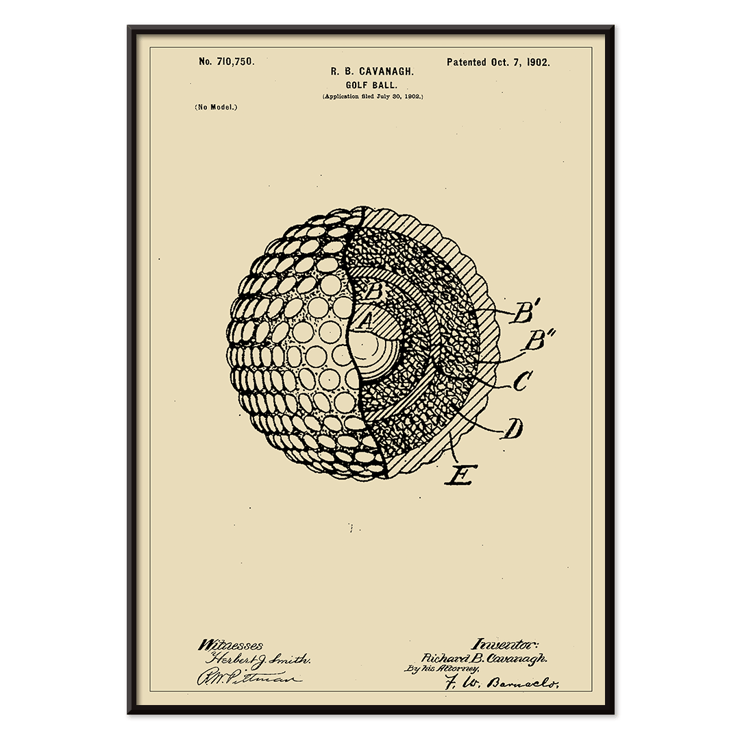 Detailed sketch of golf ball interior structure by R.B. Cavanagh titled Golf Ball Patent Poster featuring a detailed technical drawing of a golf ball patent by R B Cavanagh with labeled internal structure and design elements.