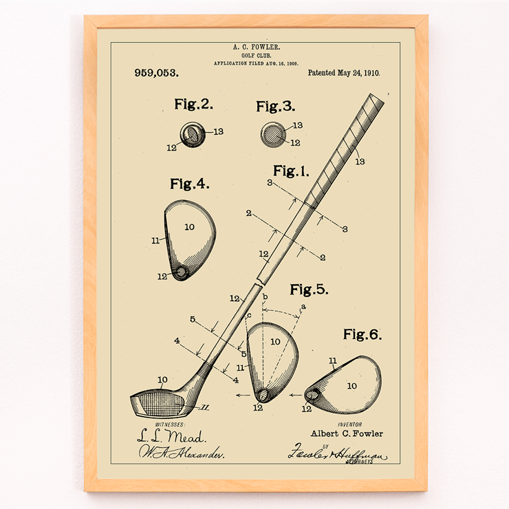 Golf Club Patent by A C Fowler featuring detailed technical drawings and specifications Poster of a golf club patent by A.C. Fowler showing technical drawings and labeled parts of the club.