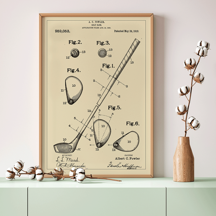 Golf Club Patent by A C Fowler featuring detailed technical drawings and specifications Poster of a golf club patent by A.C. Fowler showing technical drawings and labeled parts of the club.