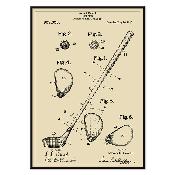 Golf Club Patent by A C Fowler featuring detailed technical drawings and specifications Poster of a golf club patent by A.C. Fowler showing technical drawings and labeled parts of the club.