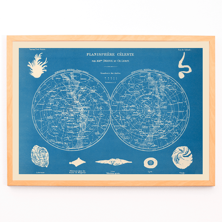 Planisphere celeste star map by Claude-Joseph Drioux Poster of a celestial planisphere by Claude-Joseph Drioux with constellations and astronomical illustrations on a blue background