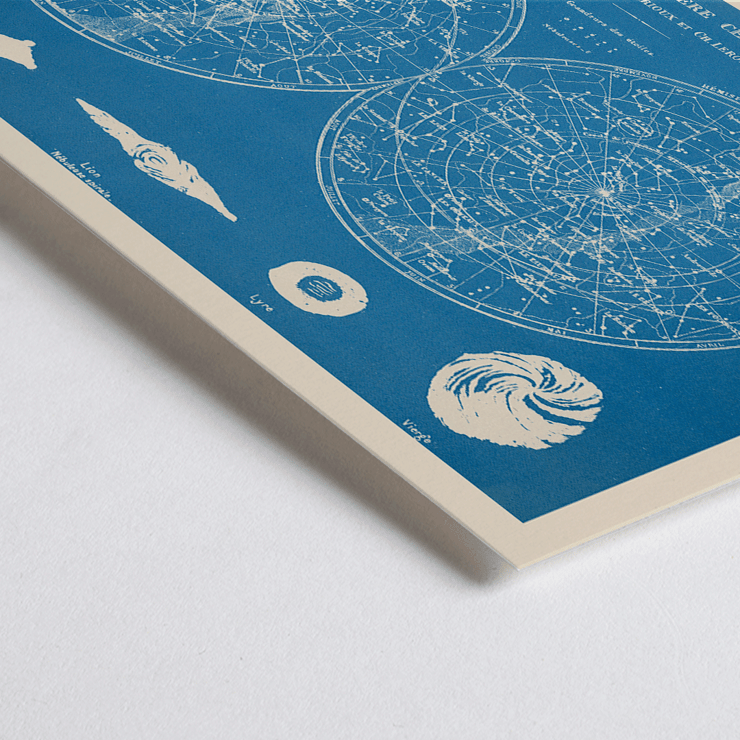 Planisphere celeste star map by Claude-Joseph Drioux Poster of a celestial planisphere by Claude-Joseph Drioux with constellations and astronomical illustrations on a blue background