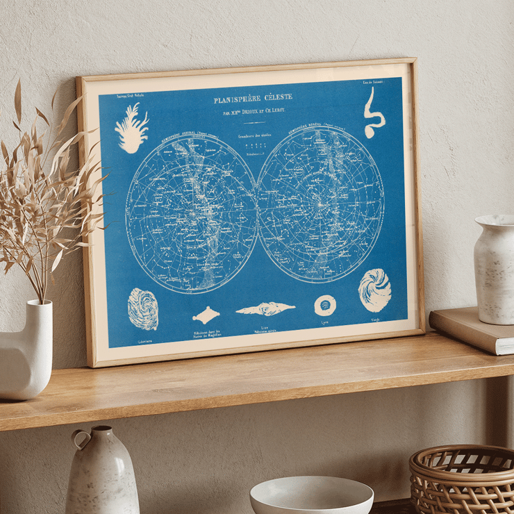 Planisphere celeste star map by Claude-Joseph Drioux Poster of a celestial planisphere by Claude-Joseph Drioux with constellations and astronomical illustrations on a blue background