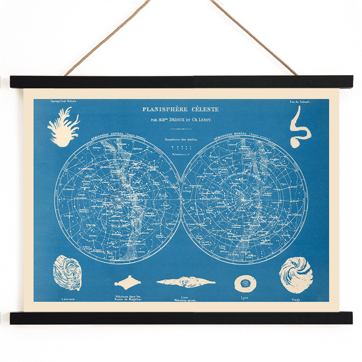 Planisphere celeste star map by Claude-Joseph Drioux Poster of a celestial planisphere by Claude-Joseph Drioux with constellations and astronomical illustrations on a blue background