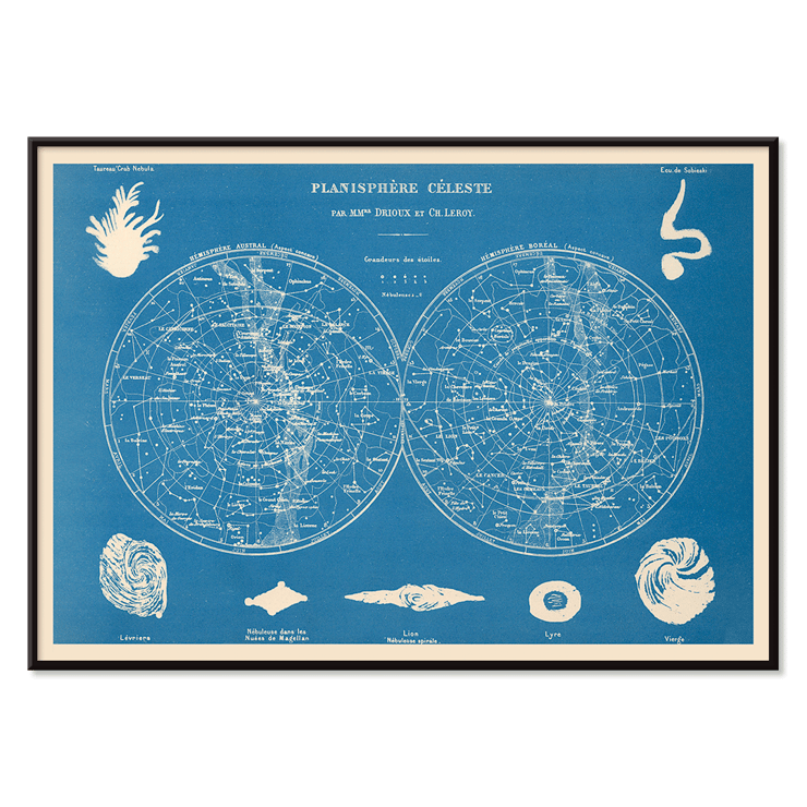 Planisphere celeste star map by Claude-Joseph Drioux Poster of a celestial planisphere by Claude-Joseph Drioux with constellations and astronomical illustrations on a blue background