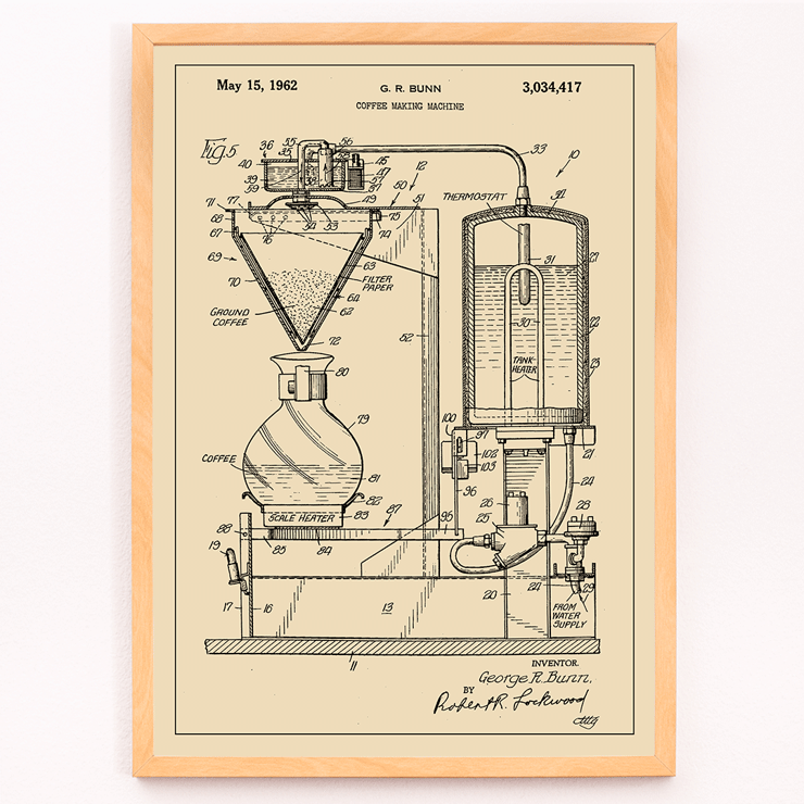 Detailed technical diagram of a coffee making machine by G R Bunn Poster featuring a detailed technical drawing of a coffee making machine titled Coffee Making Machine by G.R. Bunn