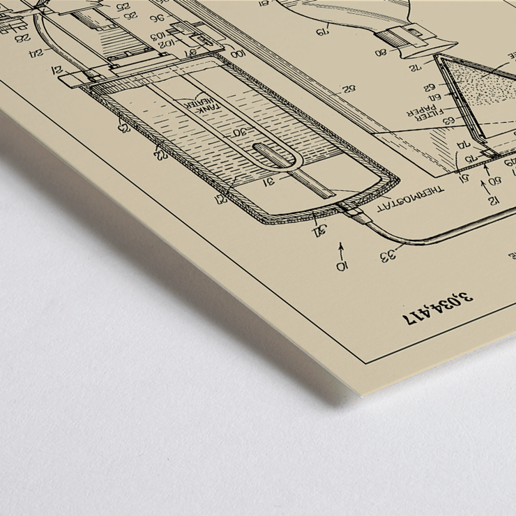 Detailed technical diagram of a coffee making machine by G R Bunn Poster featuring a detailed technical drawing of a coffee making machine titled Coffee Making Machine by G.R. Bunn