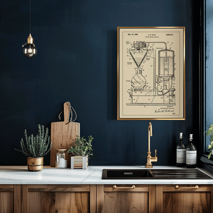 Detailed technical diagram of a coffee making machine by G R Bunn Poster featuring a detailed technical drawing of a coffee making machine titled Coffee Making Machine by G.R. Bunn