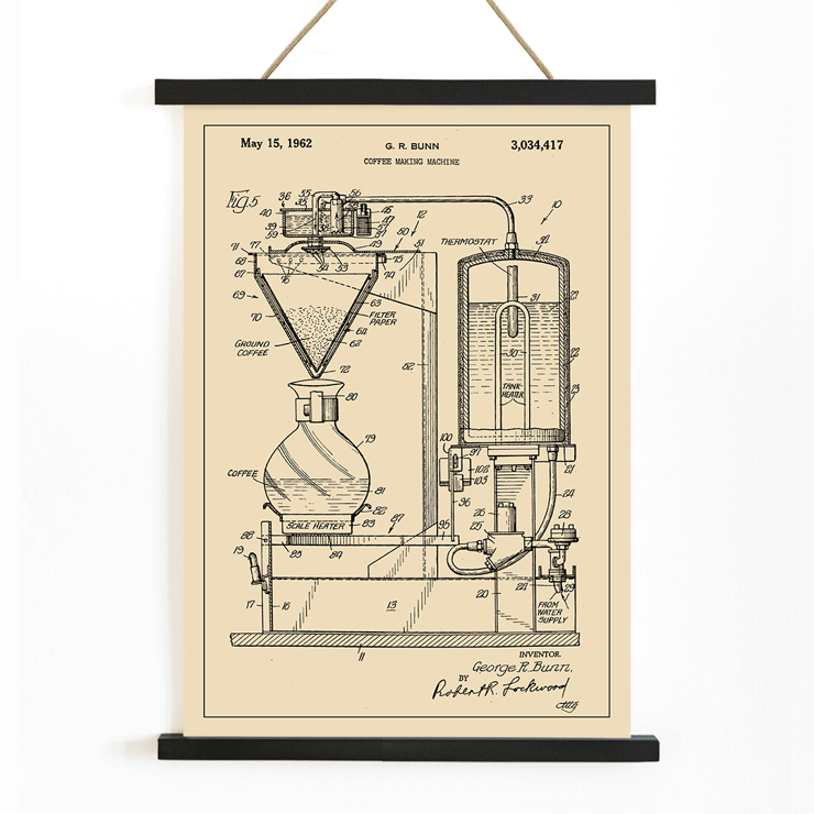 Detailed technical diagram of a coffee making machine by G R Bunn Poster featuring a detailed technical drawing of a coffee making machine titled Coffee Making Machine by G.R. Bunn