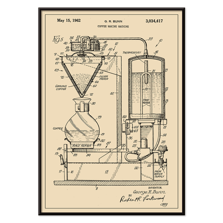 Detailed technical diagram of a coffee making machine by G R Bunn Poster featuring a detailed technical drawing of a coffee making machine titled Coffee Making Machine by G.R. Bunn