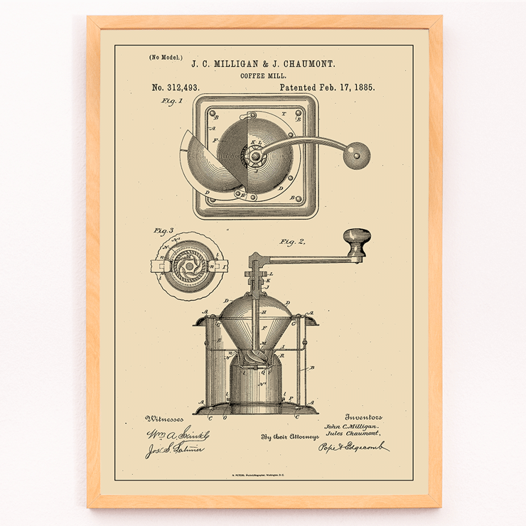 Detailed illustration of a mechanical coffee grinder by J C Milligan titled Coffee Mill Poster of a black and white patent illustration of a coffee mill grinder titled Coffee Mill by J.C. Milligan showing detailed components.