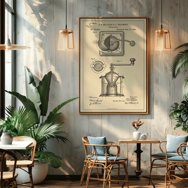 Detailed illustration of a mechanical coffee grinder by J C Milligan titled Coffee Mill Poster of a black and white patent illustration of a coffee mill grinder titled Coffee Mill by J.C. Milligan showing detailed components.
