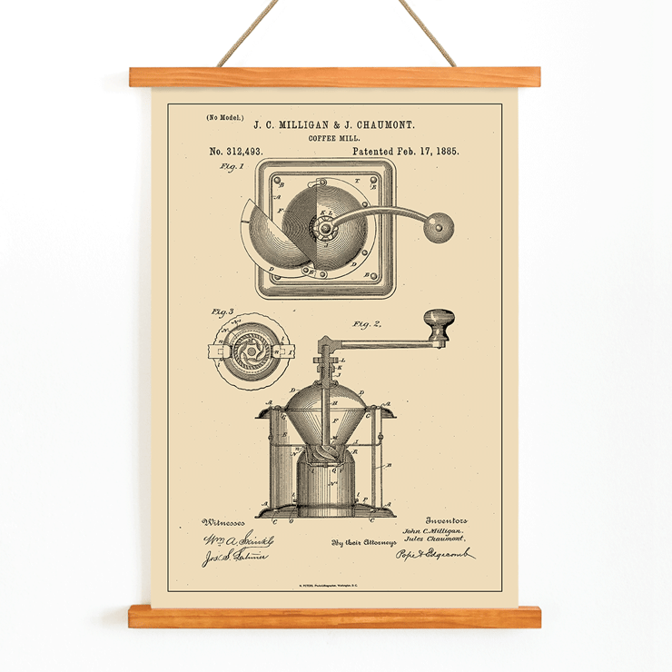 Detailed illustration of a mechanical coffee grinder by J C Milligan titled Coffee Mill Poster of a black and white patent illustration of a coffee mill grinder titled Coffee Mill by J.C. Milligan showing detailed components.