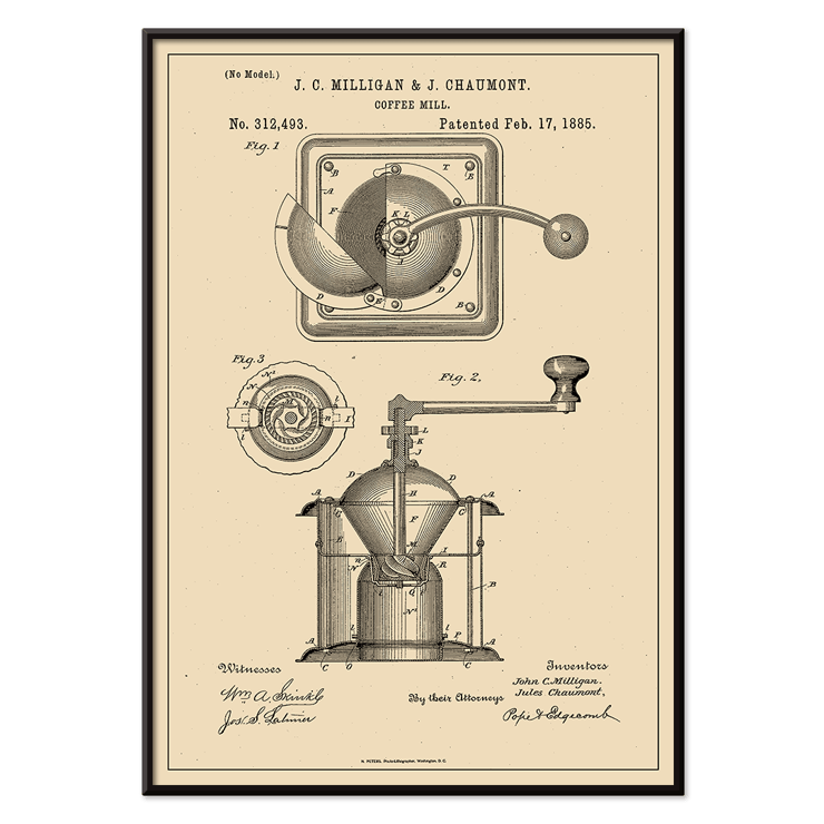 Detailed illustration of a mechanical coffee grinder by J C Milligan titled Coffee Mill Poster of a black and white patent illustration of a coffee mill grinder titled Coffee Mill by J.C. Milligan showing detailed components.