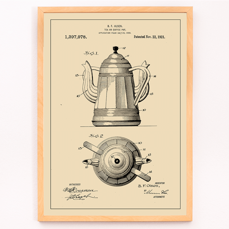 Patent Illustration of Tea or Coffee Pot by B.F. Olsen Poster featuring a technical drawing of a tea or coffee pot by B F Olsen with detailed views and patent information