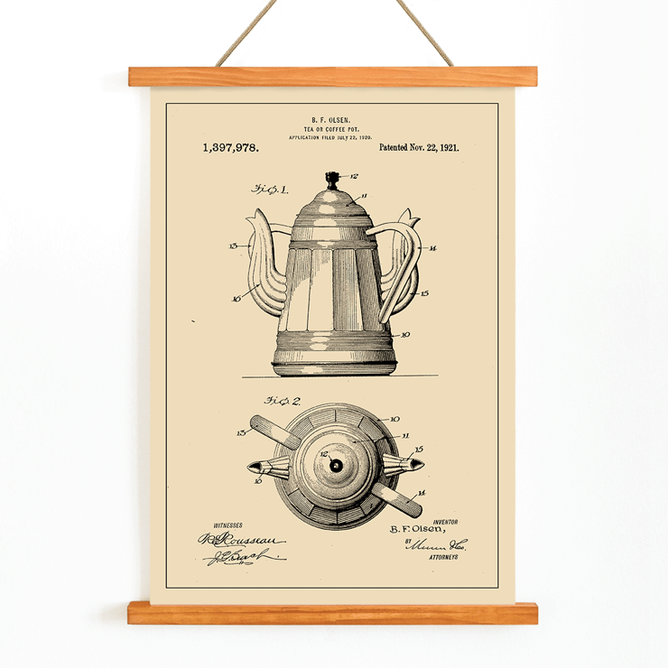 Patent Illustration of Tea or Coffee Pot by B.F. Olsen Poster featuring a technical drawing of a tea or coffee pot by B F Olsen with detailed views and patent information