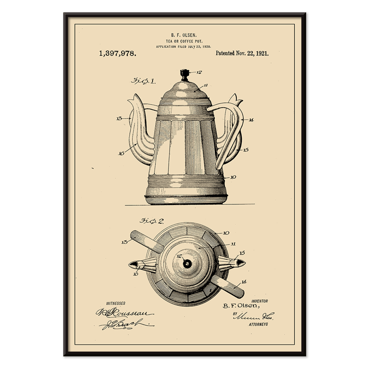 Patent Illustration of Tea or Coffee Pot by B.F. Olsen Poster featuring a technical drawing of a tea or coffee pot by B F Olsen with detailed views and patent information