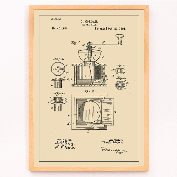 Vintage mechanical drawing of a coffee grinder titled Coffee Mill by C Morgan Poster showing the patent sketch for the Coffee Mill by C.Morgan featuring detailed illustrations and technical specifications.