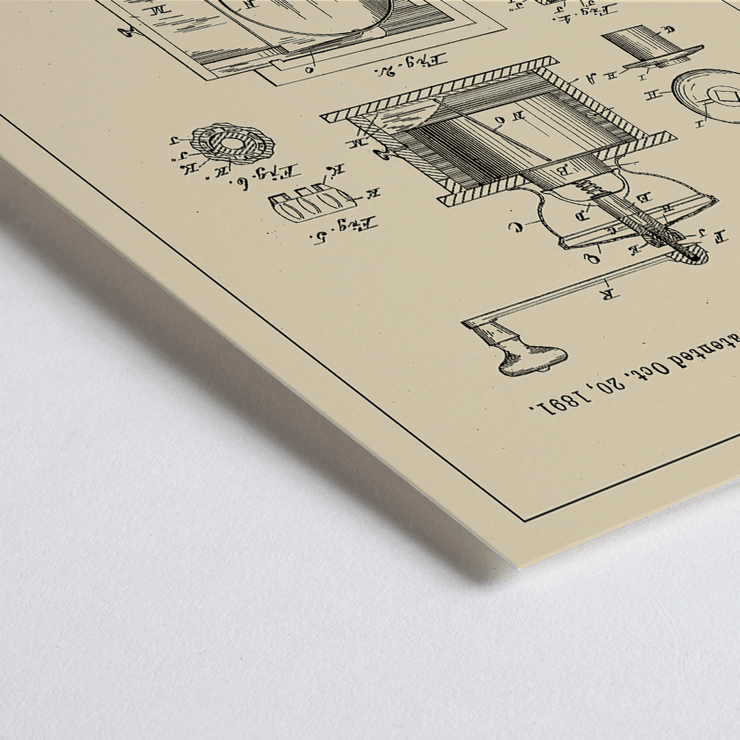 Vintage mechanical drawing of a coffee grinder titled Coffee Mill by C Morgan Poster showing the patent sketch for the Coffee Mill by C.Morgan featuring detailed illustrations and technical specifications.