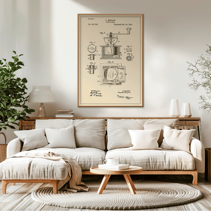 Vintage mechanical drawing of a coffee grinder titled Coffee Mill by C Morgan Poster showing the patent sketch for the Coffee Mill by C.Morgan featuring detailed illustrations and technical specifications.