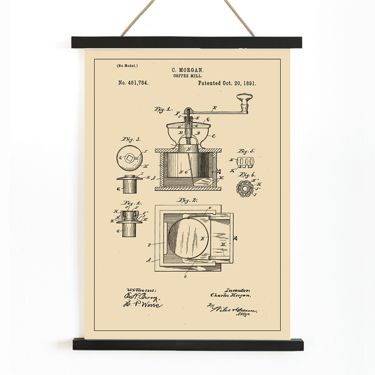 Vintage mechanical drawing of a coffee grinder titled Coffee Mill by C Morgan Poster showing the patent sketch for the Coffee Mill by C.Morgan featuring detailed illustrations and technical specifications.
