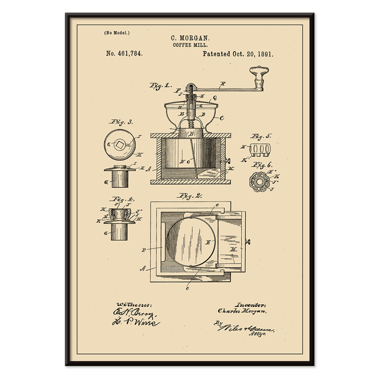 Vintage mechanical drawing of a coffee grinder titled Coffee Mill by C Morgan Poster showing the patent sketch for the Coffee Mill by C.Morgan featuring detailed illustrations and technical specifications.