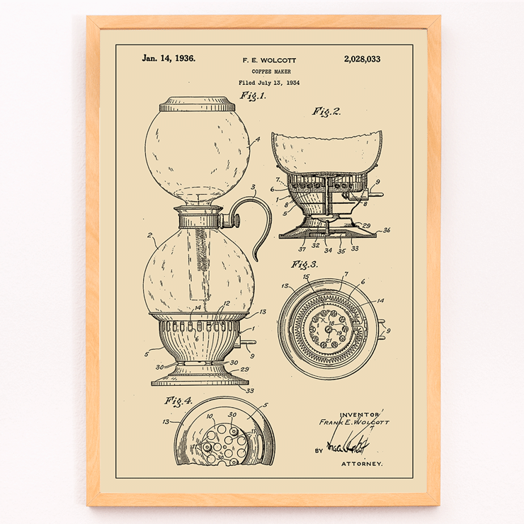 Poster of a vintage patent blueprint featuring detailed diagrams of a coffee maker by F.E. Wolcott titled Coffee Maker