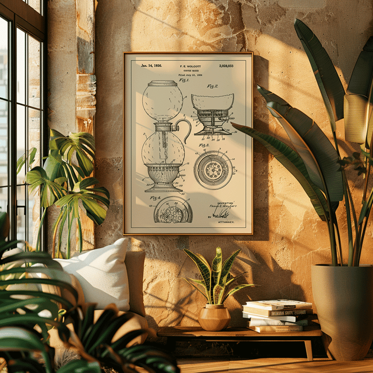Poster of a vintage patent blueprint featuring detailed diagrams of a coffee maker by F.E. Wolcott titled Coffee Maker
